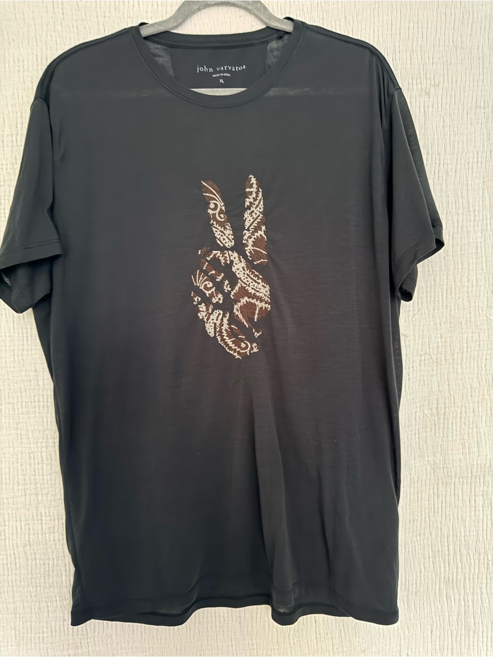 John Varvatos Black Tee with Brown Paisley Peace Hand Graphic
